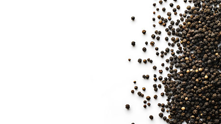 Black peppercorns on white background. Top view with copy spaceの素材
