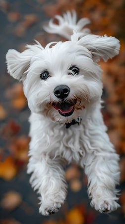 Portrait of a cute Maltese dog on a background of autumn leavesの素材