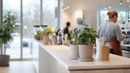 Coffee shop counter with plants. Blurred people in backgroundの素材