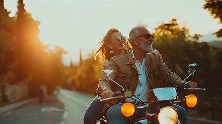 Cheerful couple riding a motorcycle on the street in the eveningの素材