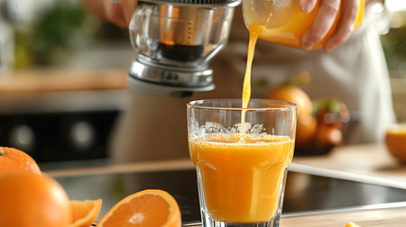 Woman making fresh orange juice in kitchen, closeup. Healthy drinkの素材
