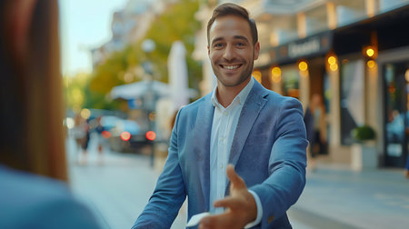 Portrait of a young businessman talking with a colleague in the cityの素材