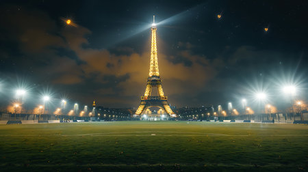 Eiffel Tower at night in Paris, France. The Eiffel Tower is one of the most prominent symbols of Paris.の素材