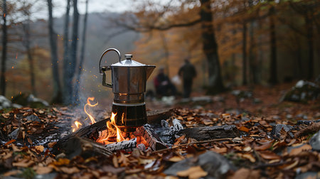 Coffee pot on the fire in the autumn forest at sunsetの素材