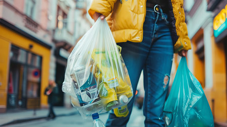 Woman with plastic bags walking on the street in the city. Zero waste concept.の素材