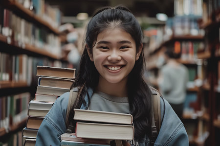Portrait of happy young asian student girl holding books in libraryの素材