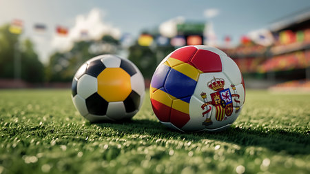 Soccer ball with flags of Spain and Moldova on green grassの素材