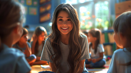 Portrait of happy girl sitting on floor and looking at camera in classroomの素材