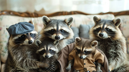 Group of raccoons in a hat sitting on a sofa.の素材