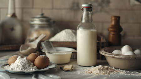 Baking ingredients on kitchen table. Flour, eggs and milkの素材
