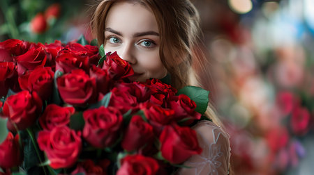 Portrait of beautiful young woman with bouquet of red roses.の素材