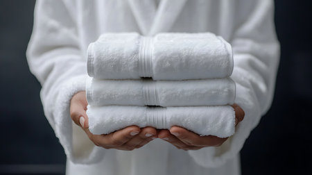 Woman in bathrobe holding a stack of white towels on black backgroundの素材