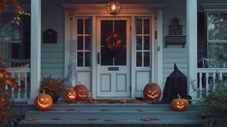 Halloween pumpkins on front porch of house, 3d renderの素材