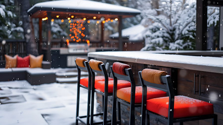 Restaurant terrace in winter with snow and falling snowflakesの素材