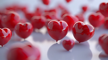 Red heart-shaped balloons on white background. Valentines day concept.の素材