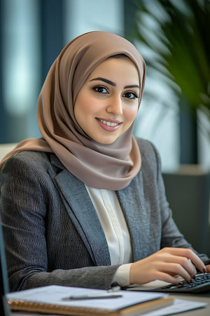 portrait of smiling arabic businesswoman using computer at officeの素材