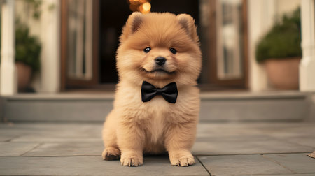 Pomeranian dog with bow tie in front of the door.の素材