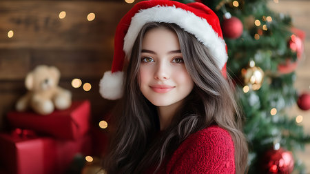 Portrait of a beautiful girl in a red sweater and Santa Claus hat.の素材