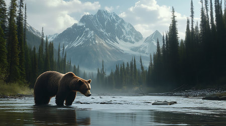 Grizzly bear on the bank of a mountain river in Canadaの素材