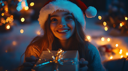 Portrait of a beautiful young woman in Santa Claus hat holding a Christmas gift box and smiling.の素材