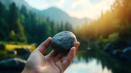Hand holding a stone on the background of a mountain lake and forestの素材