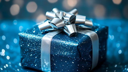 Blue gift box with silver bow on blue bokeh background.の素材