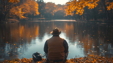 Young man sitting on the bank of a lake in autumn park.の素材