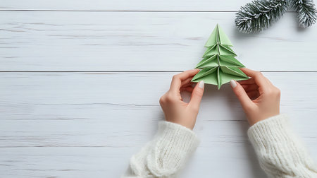 Female hands holding origami Christmas tree on white wooden background, top viewの素材