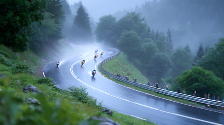 motorcyclists on the road in the foggy forest at summerの素材