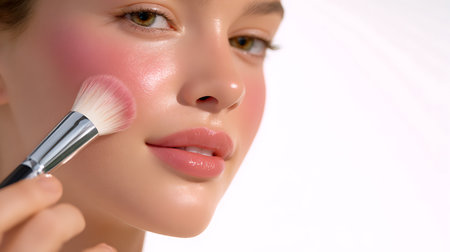 Beautiful young woman applying make-up on her face with brushの素材