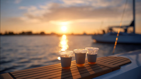 Coffee in plastic cups on the deck of a yacht at sunsetの素材