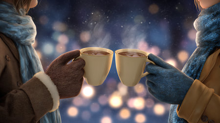 Couple in warm clothing holding cups of hot chocolate at winter nightの素材