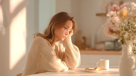Young woman sitting at the table in the kitchen at home, drinking coffeeの素材