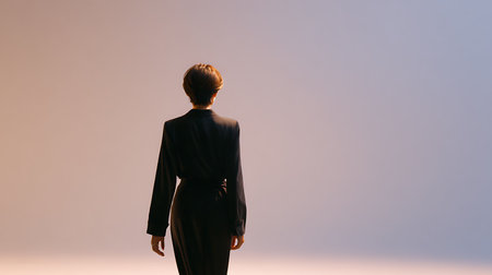 Back view of businesswoman in black suit looking away on gradient backgroundの素材