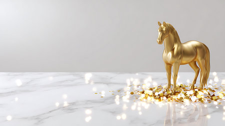 golden horse on white marble table with golden confetti 3d renderingの素材