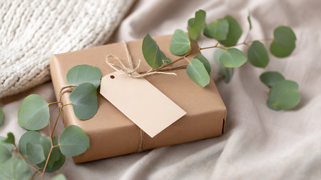 Gift box with eucalyptus branch and blank tagの素材