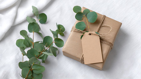 Gift box with eucalyptus branches on white backgroundの素材