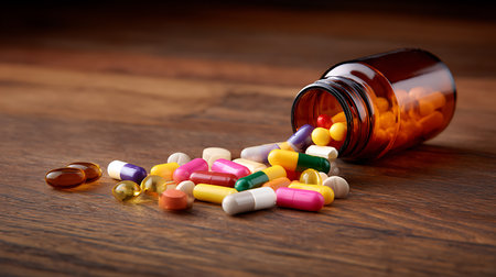 Pills spilling out of pill bottle on wooden background. Focus on foreground.の素材