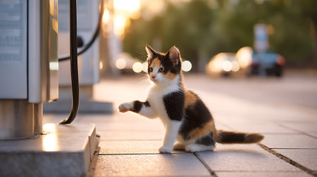 Cute tricolor kitten stands on the street and waits for a gas stationの素材