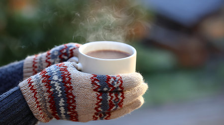 Female hands in warm mittens holding cup of hot coffee outdoors, closeupの素材