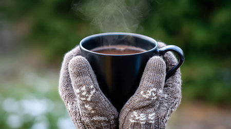Female hands in woolen mittens holding a cup of hot chocolateの素材