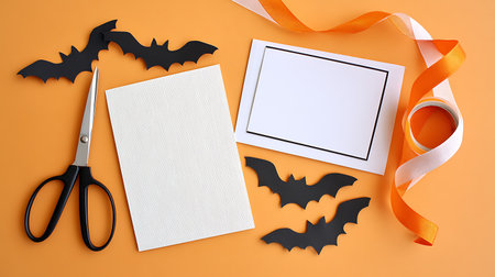 Halloween greeting card mockup with paper bats, scissors and ribbonの素材