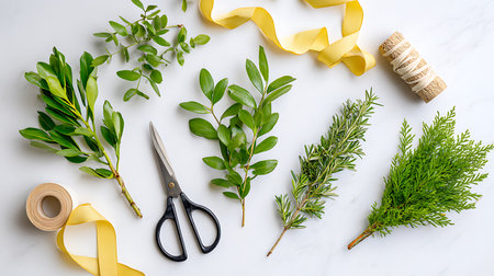 Flat lay composition with green branches, ribbons and scissors on a white backgroundの素材