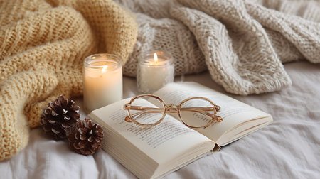 Cozy winter composition with book, glasses and candles on bed.の素材