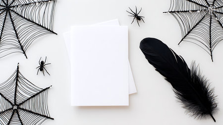 Halloween mockup with spider web, spiders and black feather on white backgroundの素材