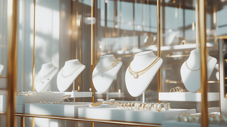 Luxury golden jewelry store window display. 3D Renderingの素材