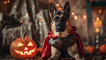 Portrait of german shepherd dog in halloween costume.の素材