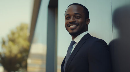 Portrait of smiling young African businessman standing in front of office buildingの素材