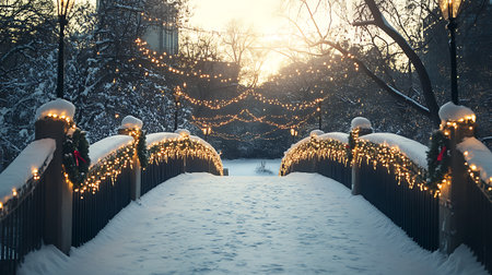 Beautiful winter park with snow covered trees and glowing garlands.の素材