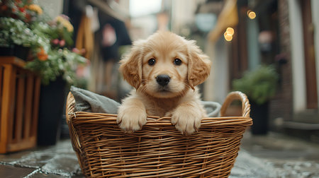 Cute Golden Retriever puppy in a wicker basket.の素材